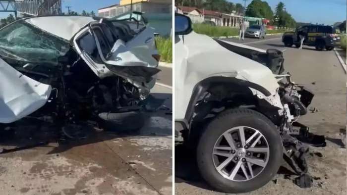 Carro é destruído após colisão com animal na BR-101 em Canguaretama; motorista ferido